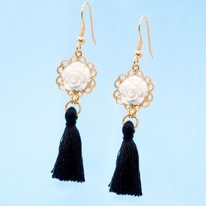 Handmade Black and White Floral Tassel Earrings